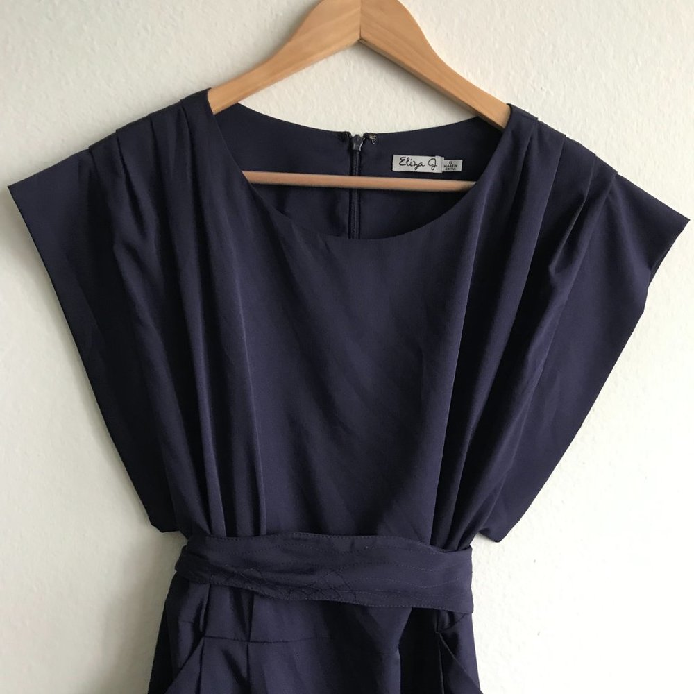 Eliza J Purple Belted Dress Boxy Cap Drape Sleeves Size 6 - Picture 6 of 9